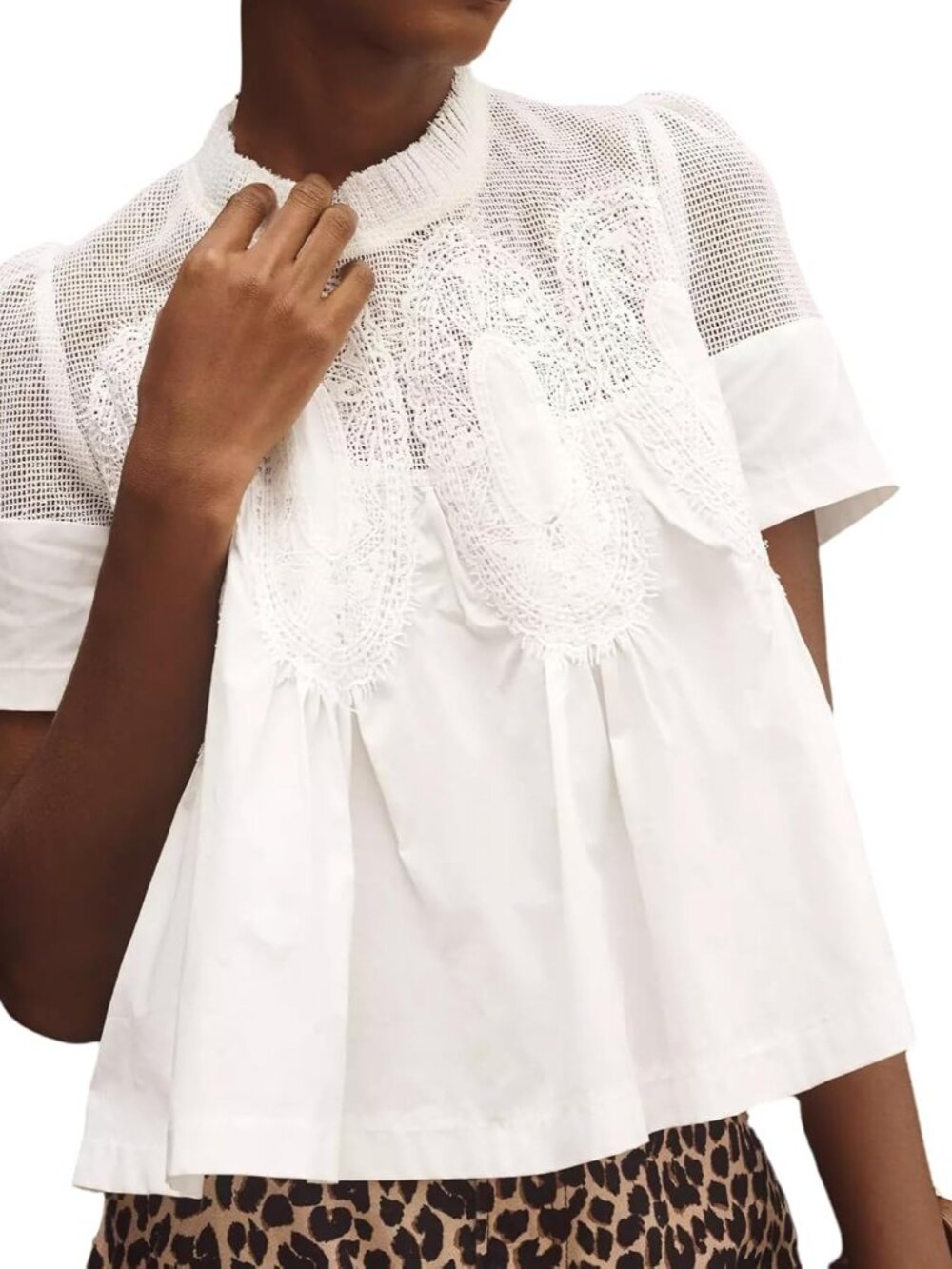 Women Lace-Detail Flared Blouse Short-Sleeve Crew Neck Lace Poplin Mesh Swing To